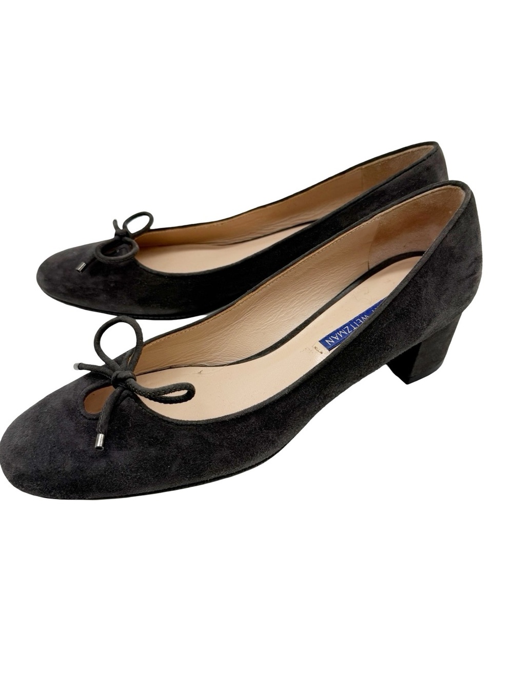 Stuart Weitzman Gabby Suede Block Heel Round Toe Bow Pumps 7.5